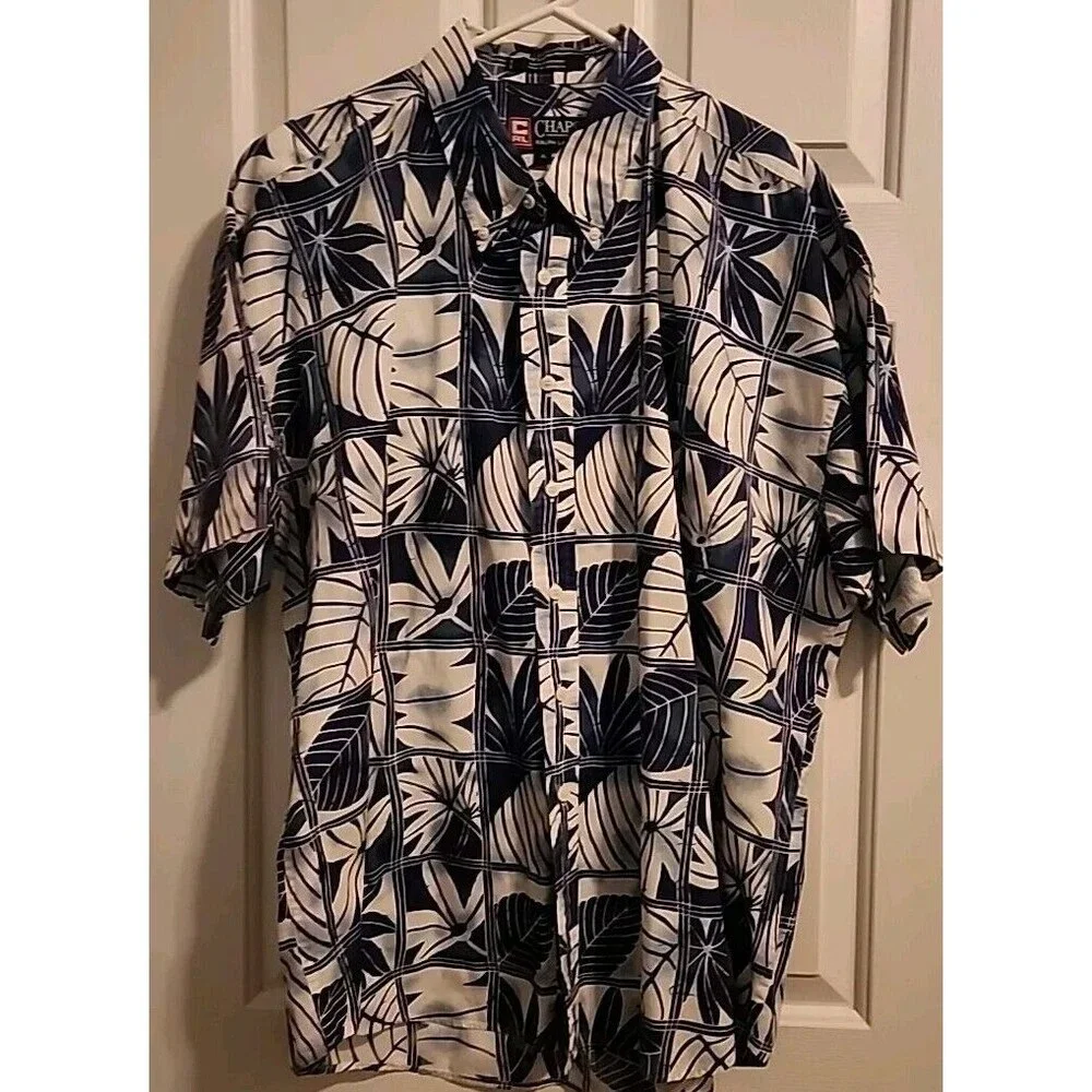 Chaps Ralph Lauren Mens XL Button Up Hawaiian Shirt Blue White Short Sleeve - Picture 6 of 7